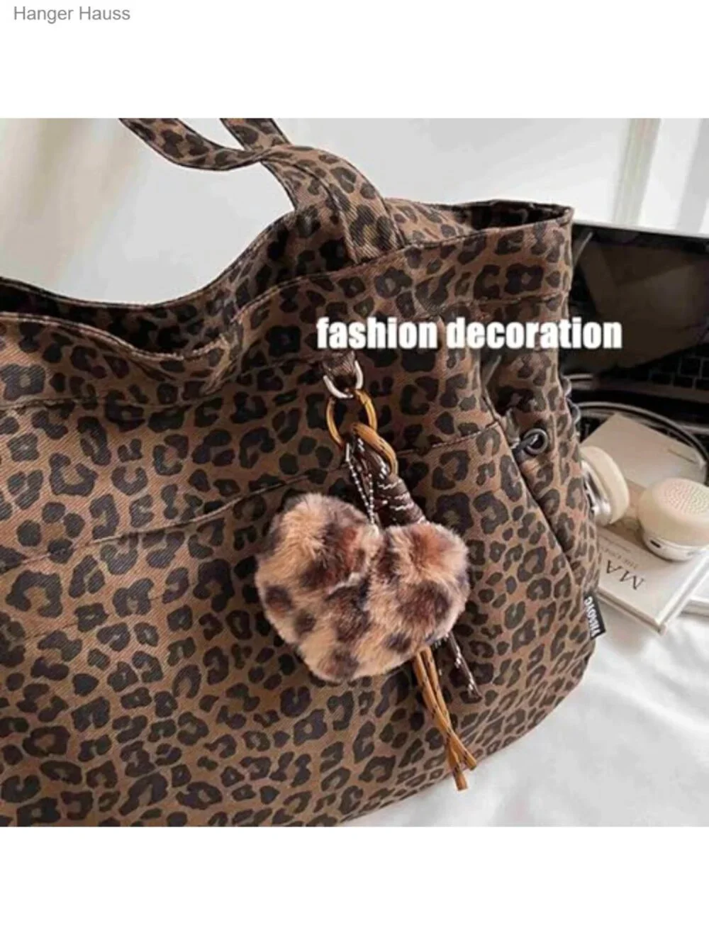 Leopard Print Tote Bag with Pockets, Nylon Work Purse, Y2K Shoulder Bag